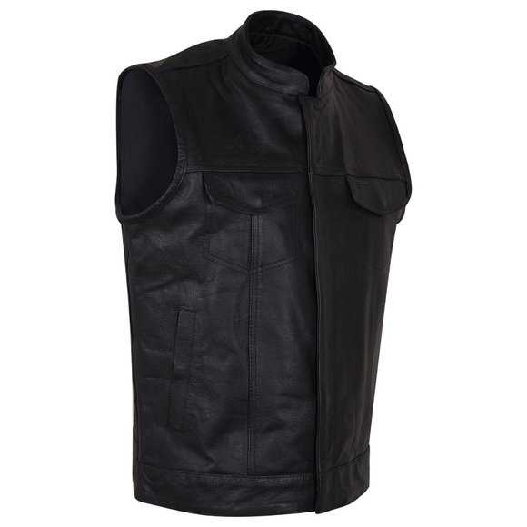 Bikers Leather Vest SOA Style Club Vest 2 Deep Gun Pockets Zipper & Snap Buttons - Picture 2 of 6